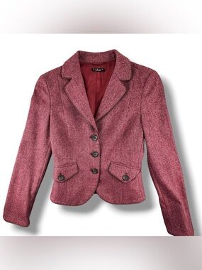 Sisley Virgin Wool Herringbone Fitted Blazer Size 4 (S) Burgundy Pink Tweed